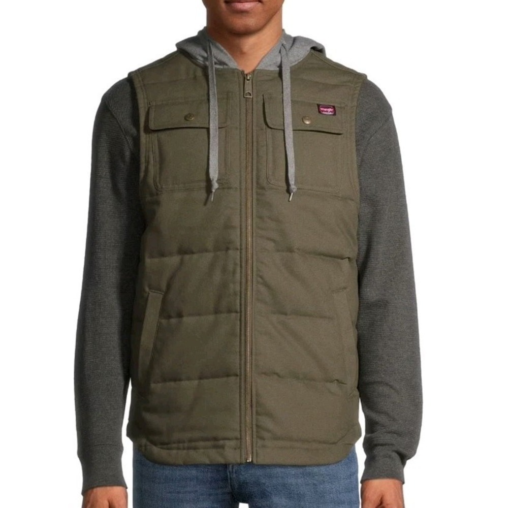 Wrangler Workwear Mens Quilted Lined Flex Work Vest Olive Army Green Hooded 2XL